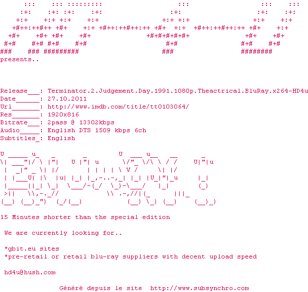 Nfo de la release Terminator.2.Judgement.Day.1991.1080p.Theatrical.BluRay.x264-HD4U