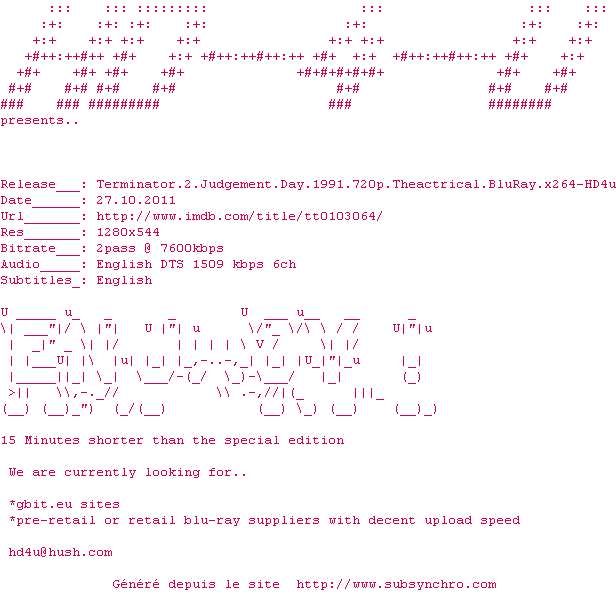 Nfo de la release Terminator.2.Judgement.Day.1991.720p.Theatrical.BluRay.x264-HD4U