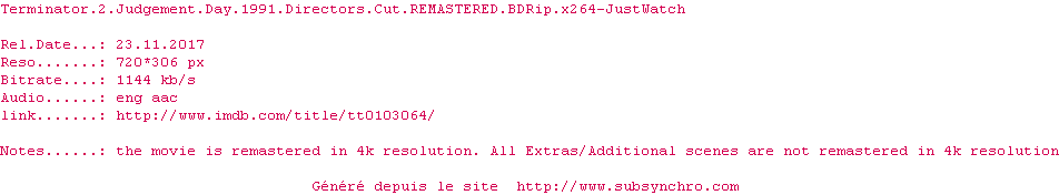Nfo de la release Terminator.2.Judgement.Day.1991.Directors.Cut.REMASTERED.BDRip.x264.READ.NFO-JustWatch