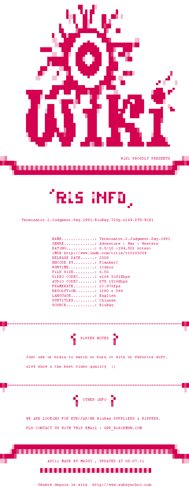 Nfo de la release Terminator.2.Judgment.Day.1991.BluRay.720p.x264.DTS-WiKi