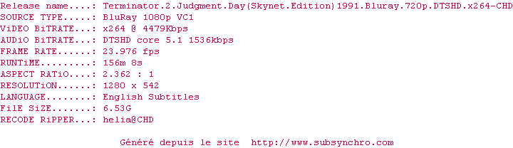 Nfo de la release Terminator.2.Judgment.Day.Skynet.Edition.1991.BluRay.720p.DTS.x264-CHD