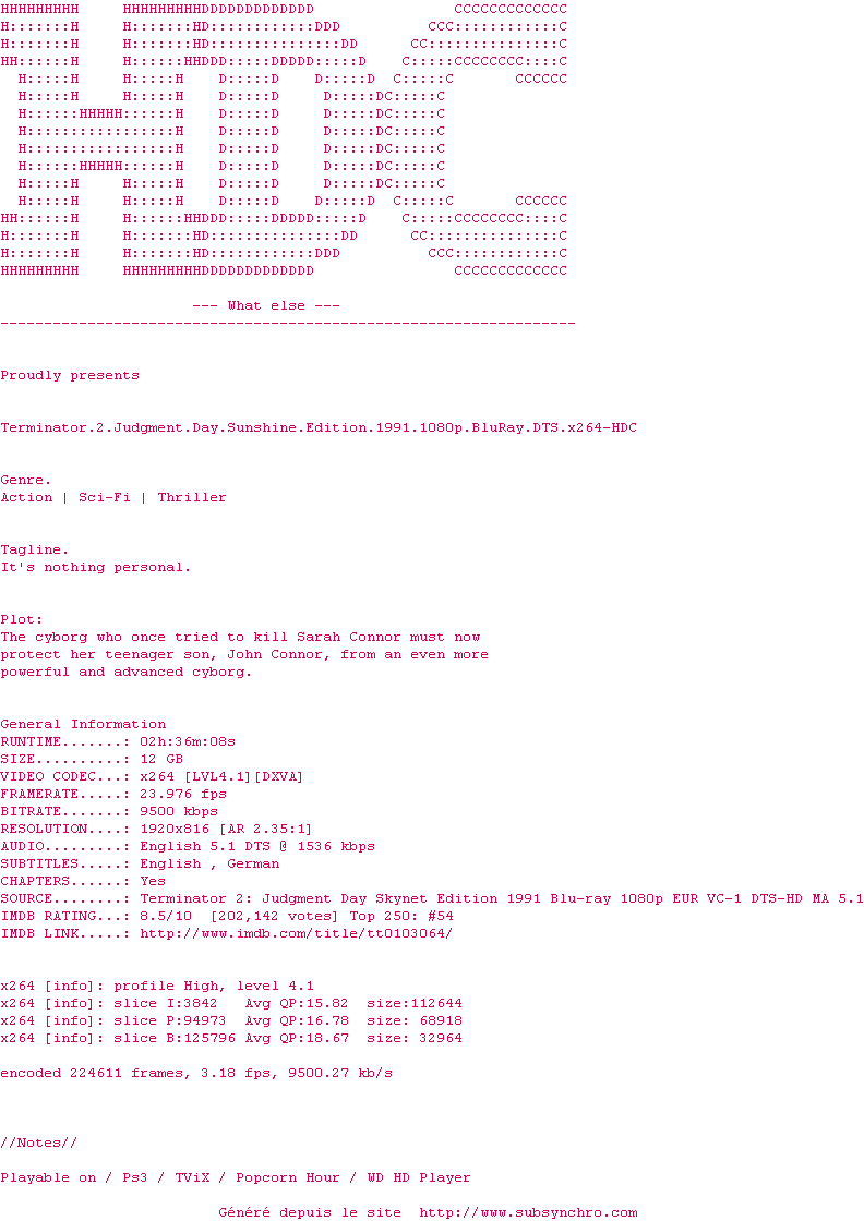 Nfo de la release Terminator.2.Judgment.Day.Sunshine.Edition.1991.1080p.BluRay.DTS.x264-HDC