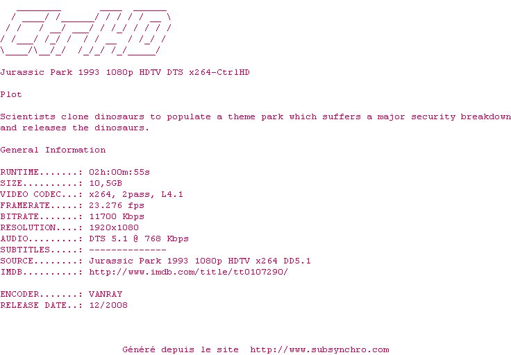 Nfo de la release Jurassic.Park.1993.1080p.HDTV.DTS.x264-CtrlHD