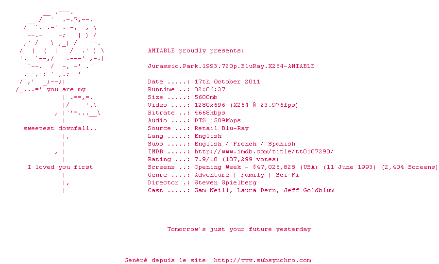 Nfo de la release Jurassic.Park.1993.720p.BluRay.X264-AMIABLE