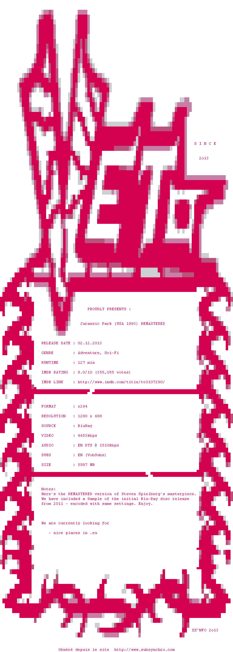 Nfo de la release Jurassic.Park.1993.REMASTERED.720p.BluRay.x264-VETO