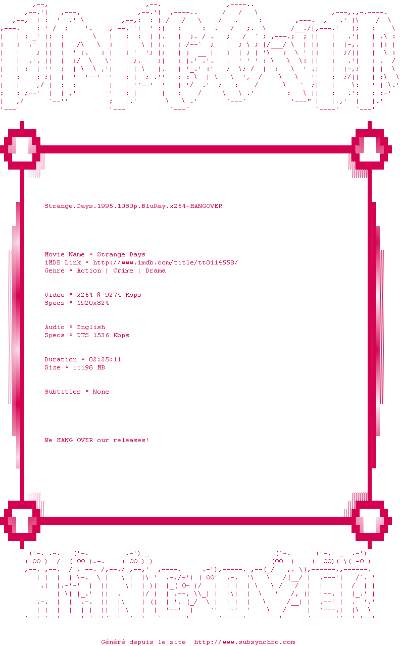 Nfo de la release Strange.Days.1995.1080p.BluRay.x264-HANGOVER