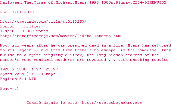 Nfo de la release Halloween.The.Curse.of.Michael.Myers.1995.1080p.Bluray.x264-DIMENSION