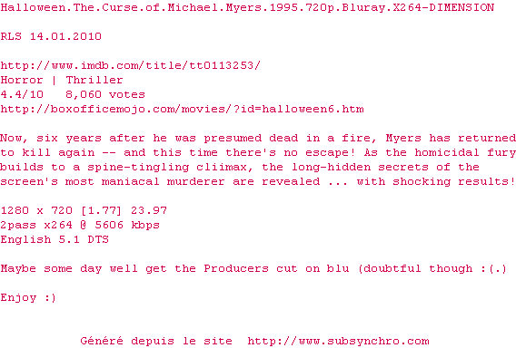 Nfo de la release Halloween.The.Curse.of.Michael.Myers.1995.720p.Bluray.x264-DIMENSION