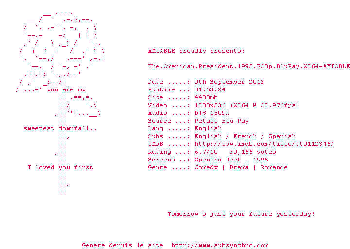 Nfo de la release The.American.President.1995.720p.BluRay.X264-AMIABLE