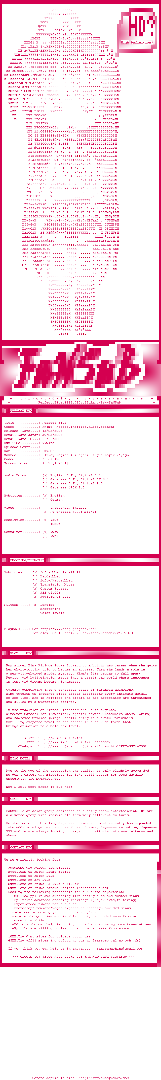 Nfo de la release Perfect.Blue.1998.720p.BluRay.x264-FaNSuB