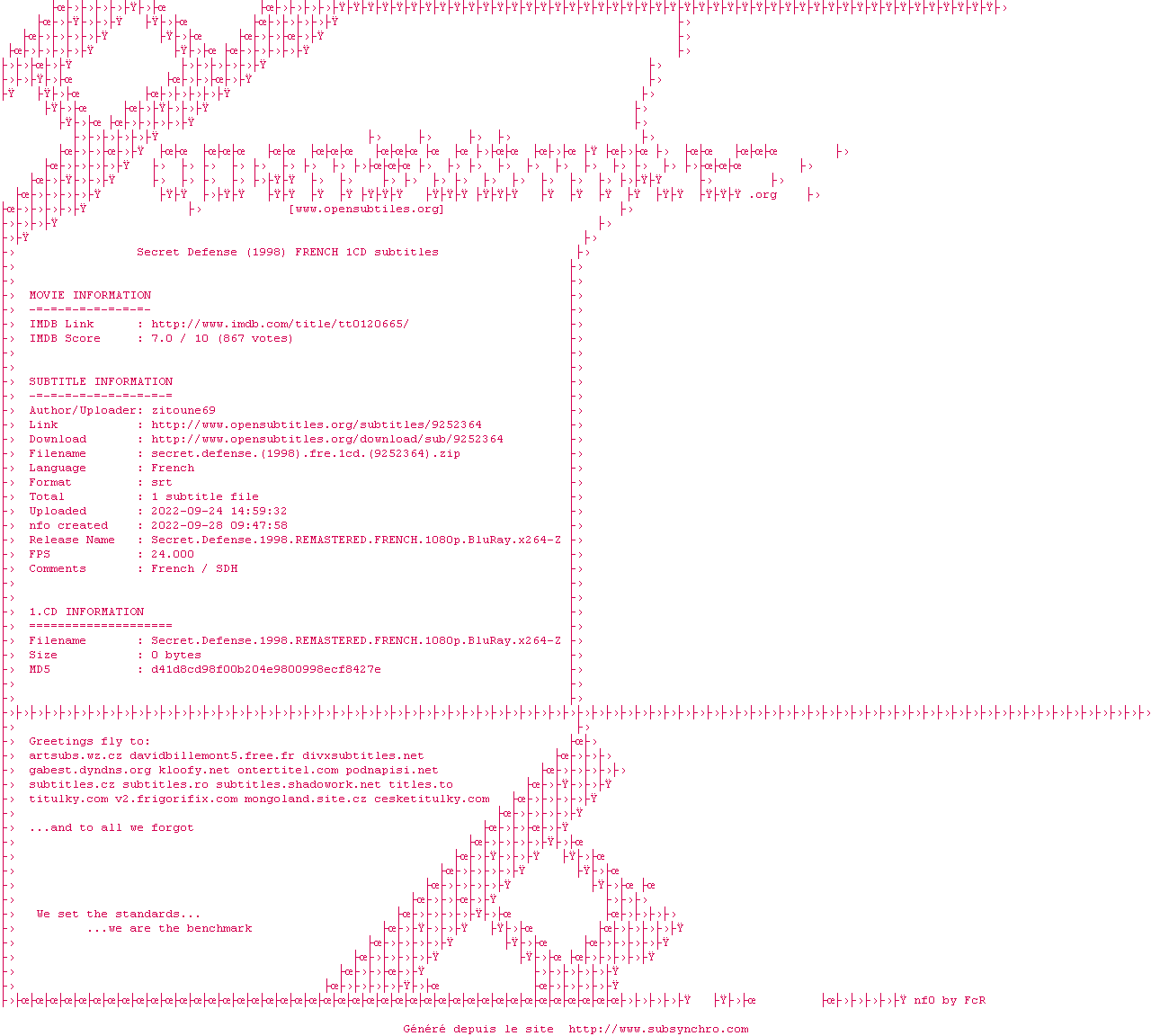 Nfo de la release Secret.Defense.1998.REMASTERED.FRENCH.1080p.BluRay.x264-ZiT