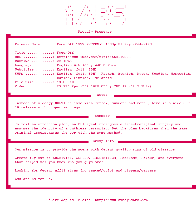 Nfo de la release Face.Off.1997.iNTERNAL.1080p.BluRay.x264-MARS