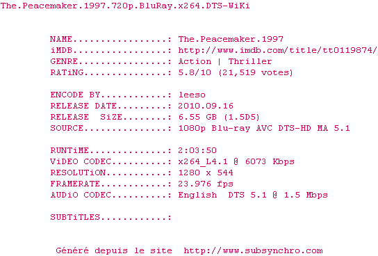 Nfo de la release The.Peacemaker.1997.720p.BluRay.x264.DTS-WiKi