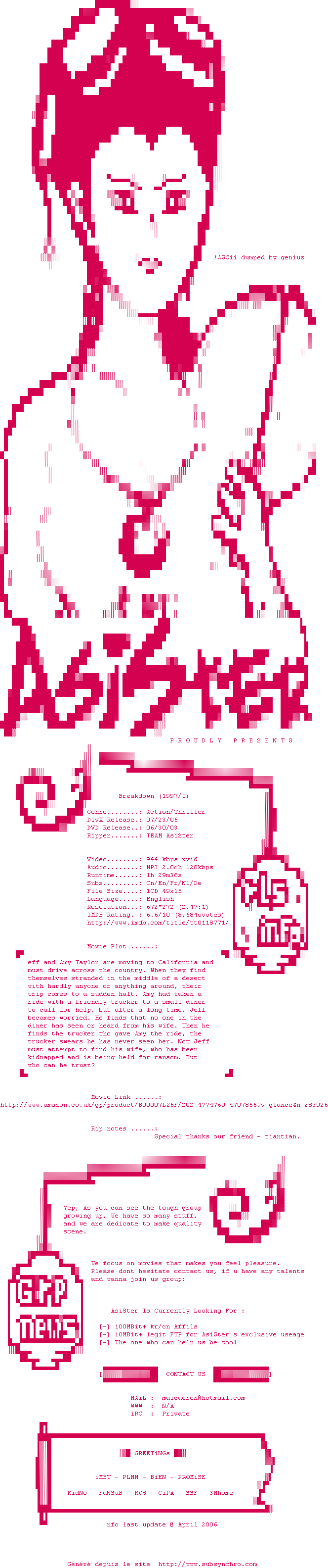 Nfo de la release Breakdown.1997.DVDRip.XviD-AsiSter