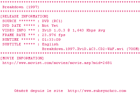 Nfo de la release Breakdown.1997.XviD.AC3.2CD-WAF