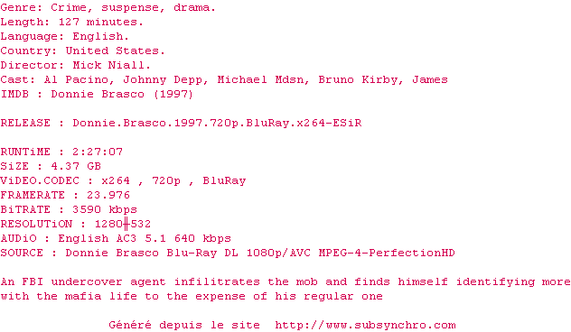 Nfo de la release Donnie.Brasco.1997.720p.BluRay.x264-ESiR