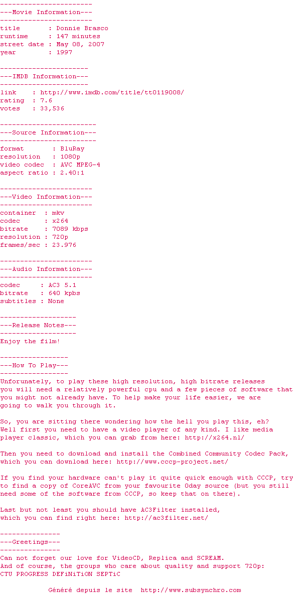 Nfo de la release Donnie.Brasco.1997.DVD9.720p.BluRay.x264-REVEiLLE