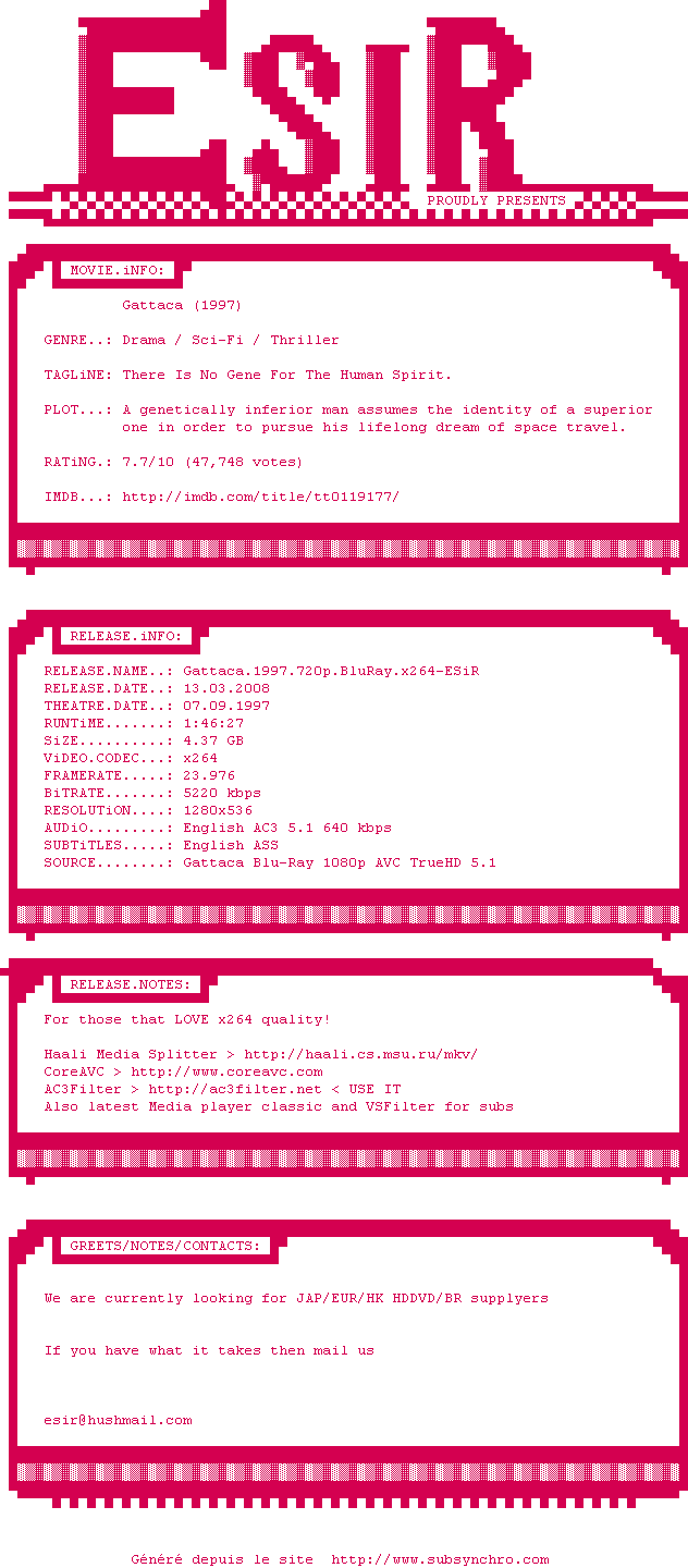 Nfo de la release Gattaca.1997.720p.BluRay.x264-ESiR