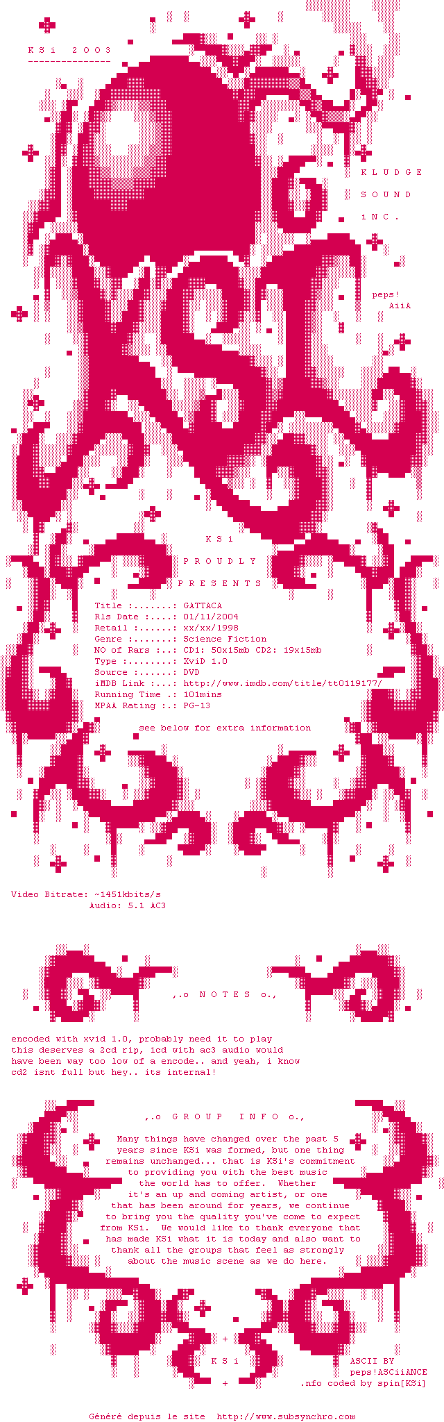 Nfo de la release Gattaca.WS.DVDRiP.XViD.AC3.1998.iNTERNAL-KSi