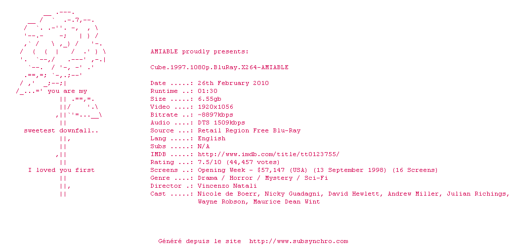Nfo de la release Cube.1997.1080p.BluRay.X264-AMIABLE