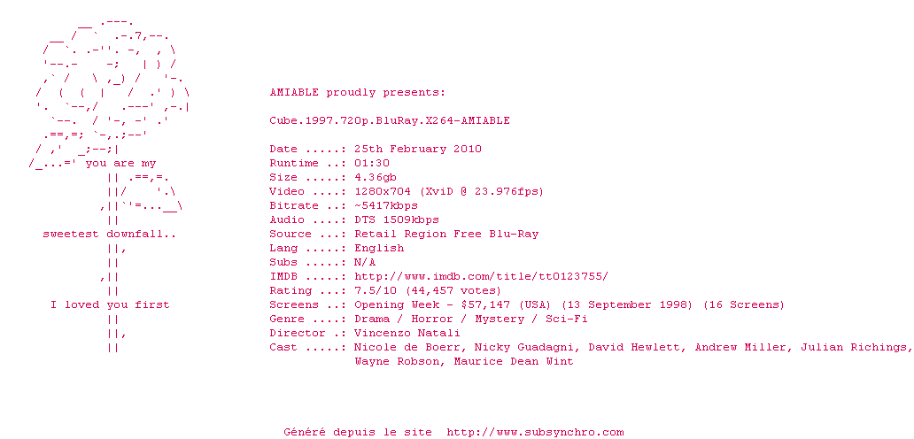 Nfo de la release Cube.1997.720p.BluRay.X264-AMIABLE