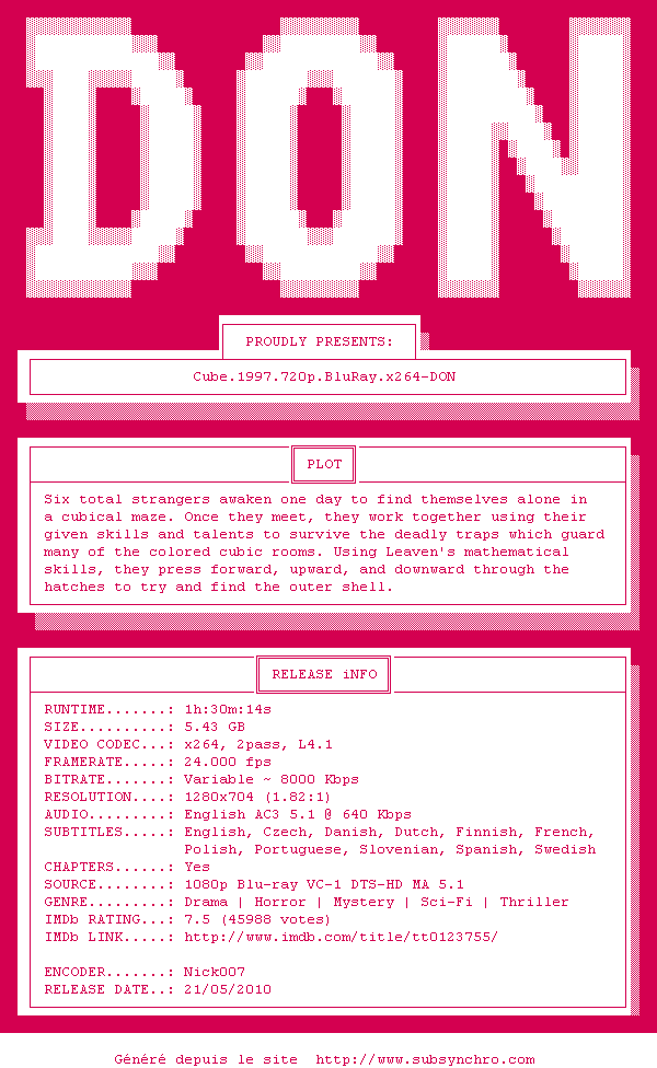 Nfo de la release Cube.1997.720p.BluRay.x264-DON