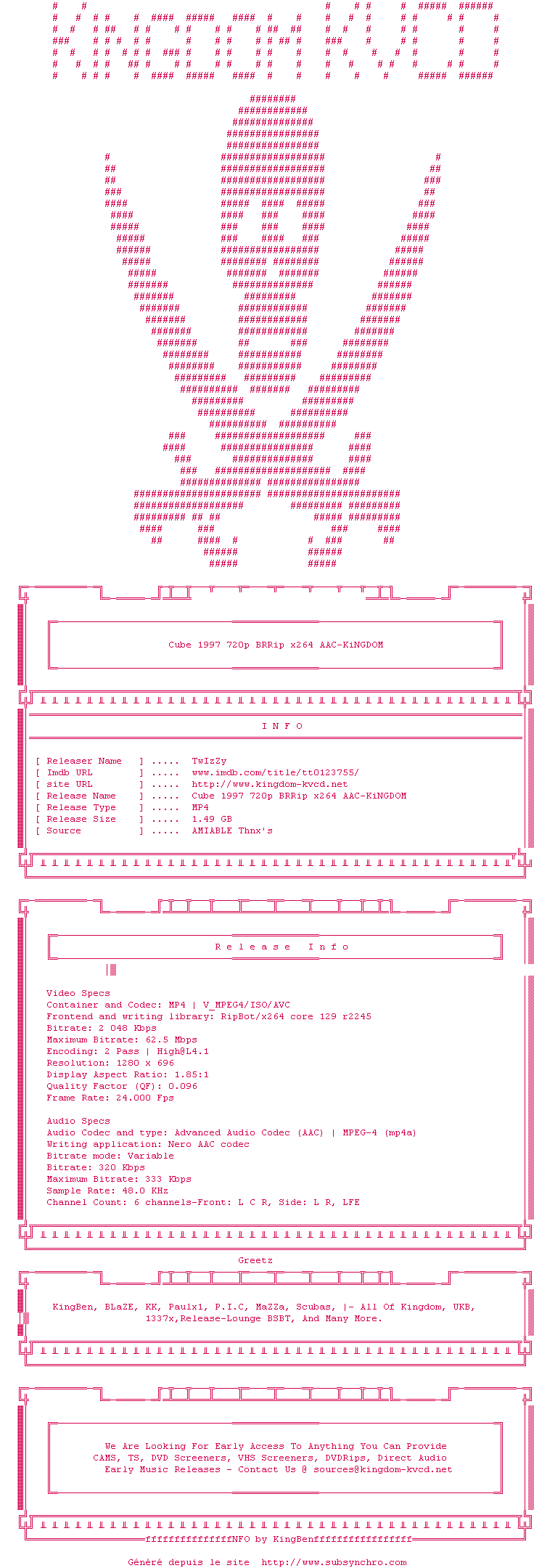 Nfo de la release Cube.1997.720p.BRRip.x264.AAC-KiNGDOM