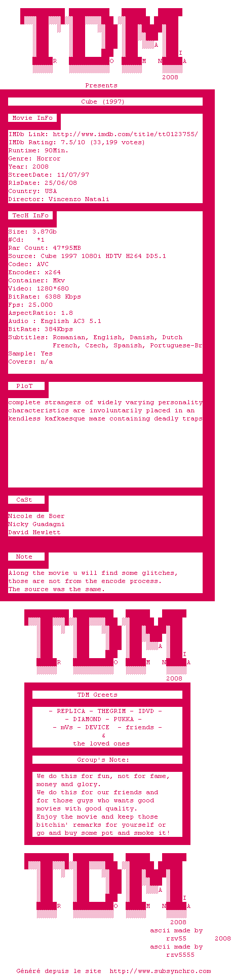 Nfo de la release Cube.1997.720p.HDTV.x264-TDM