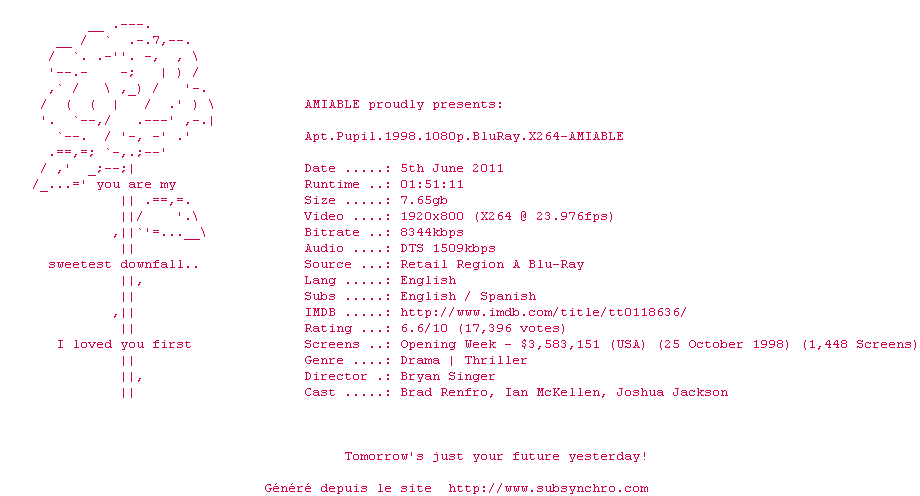 Nfo de la release Apt.Pupil.1998.1080p.BluRay.X264-AMIABLE