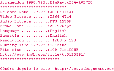 Nfo de la release Armageddon.1998.720p.BluRay.x264-AVS720