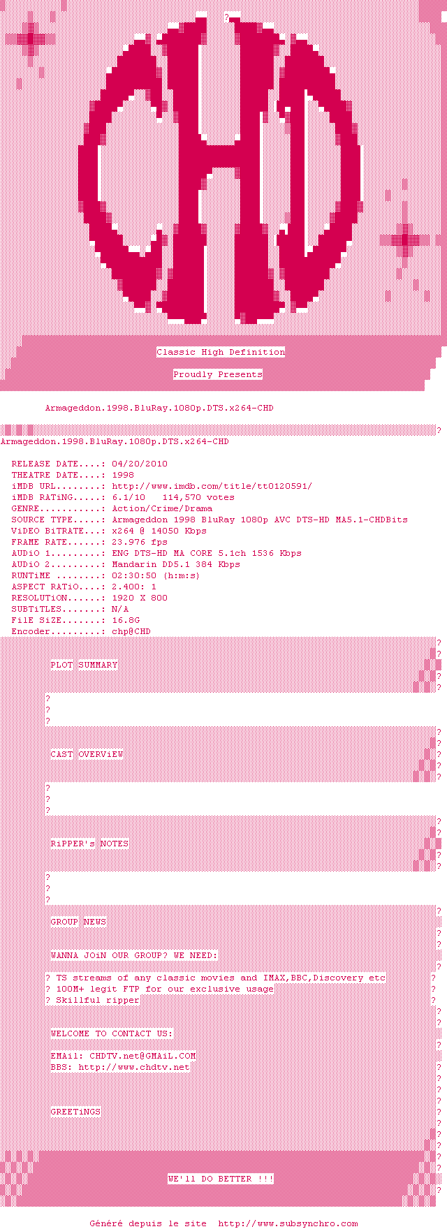 Nfo de la release Armageddon.1998.BluRay.1080p.DTS.x264-CHD