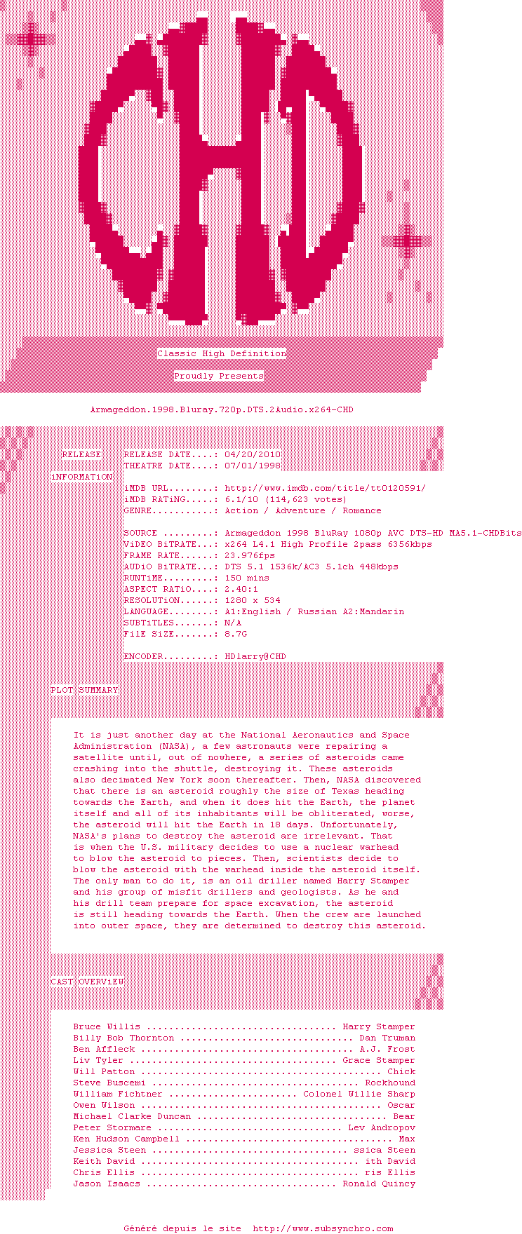 Nfo de la release Armageddon.1998.Bluray.720p.DTS.2Audio.x264-CHD