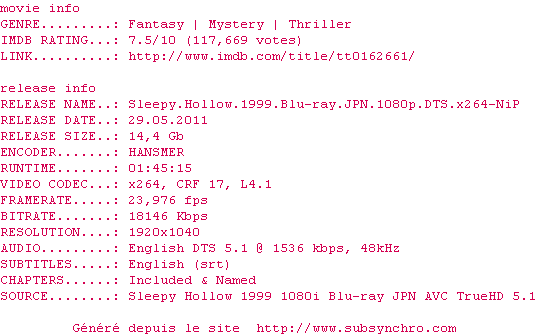 Nfo de la release Sleepy.Hollow.1999.Blu-ray.JPN.1080p.DTS.x264-NiP