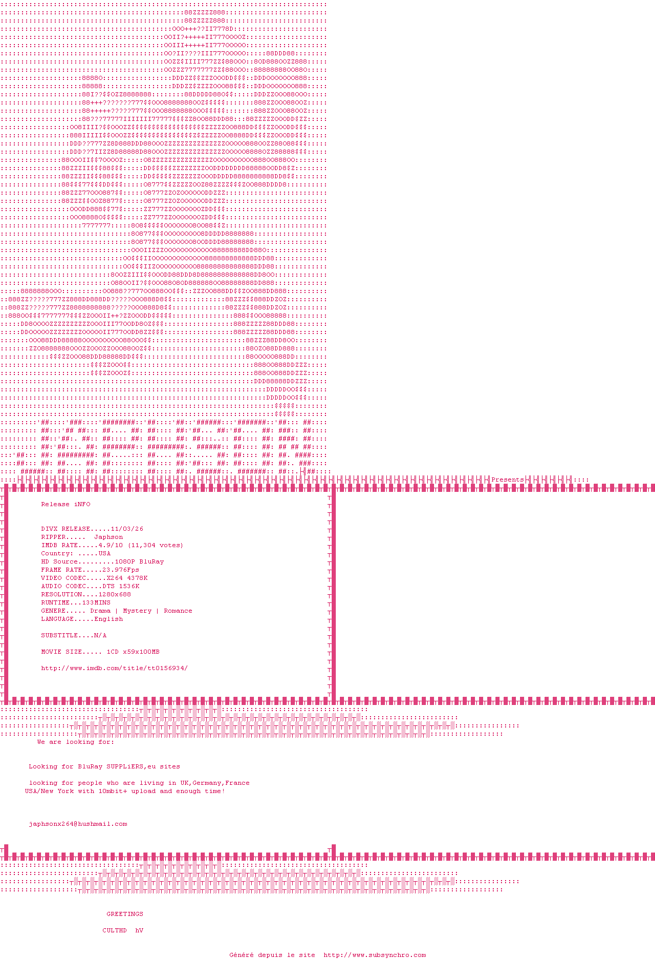 Nfo de la release Random.Hearts.1999.720p.BluRay.x264-Japhson