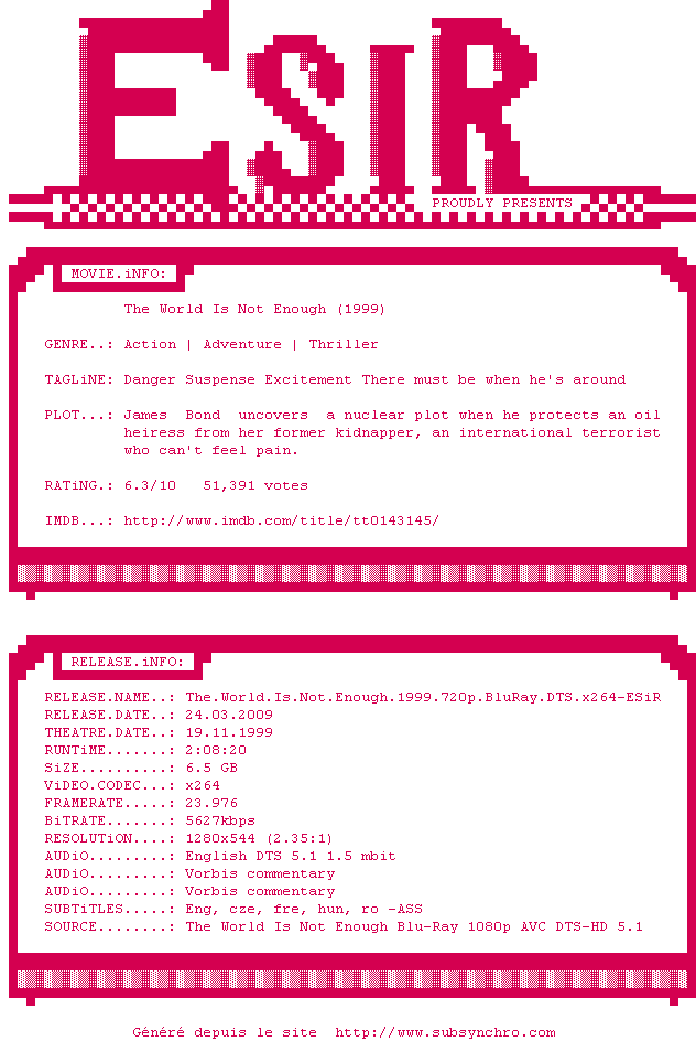 Nfo de la release The.World.Is.Not.Enough.1999.720p.BluRay.DTS.x264-ESiR