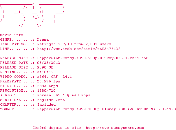 Nfo de la release Peppermint.Candy.1999.720p.BluRay.DD5.1.x264-EbP