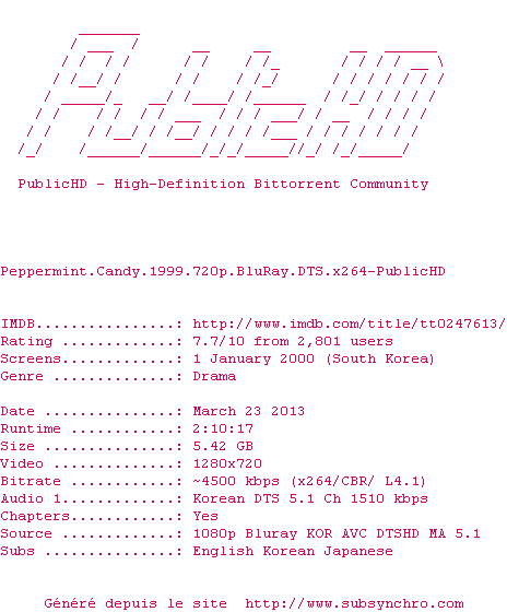 Nfo de la release Peppermint.Candy.1999.720p.BluRay.DTS.x264-PublicHD