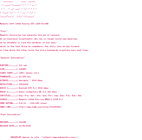 Nfo de la release Memento.2000.1080p.Bluray.DTS.x264-CtrlHD