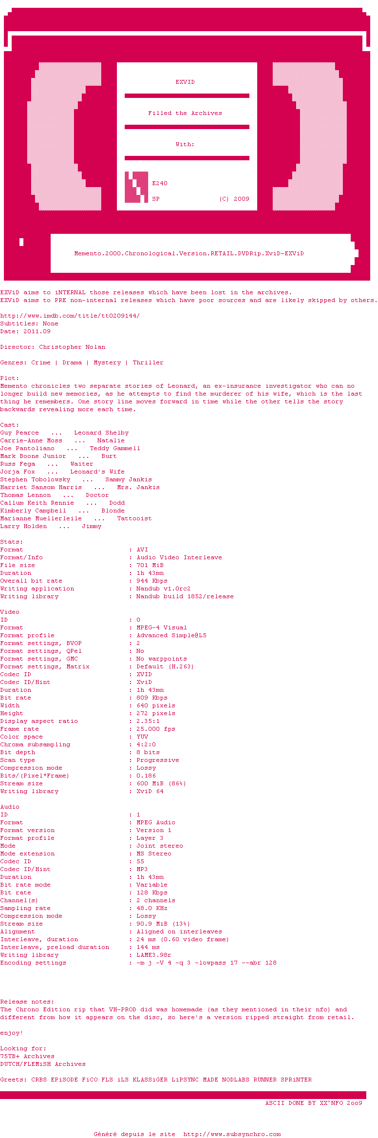 Nfo de la release Memento.2000.Chronological.Version.RETAIL.DVDRip.XviD-EXViD