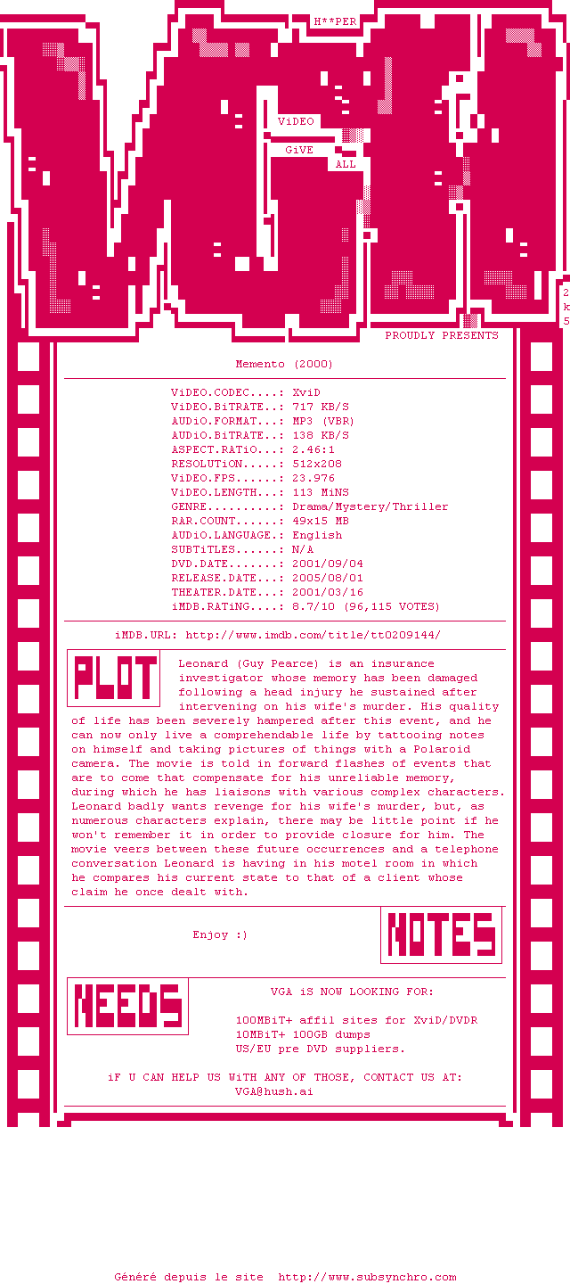 Nfo de la release Memento.2000.LiMiTED.DVDRip.XviD.iNTERNAL-VGA