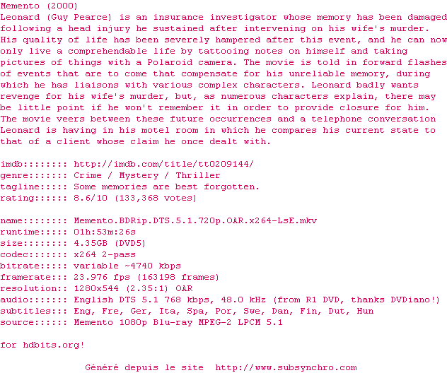 Nfo de la release Memento.BDRip.DTS.5.1.720p.OAR.x264-LsE