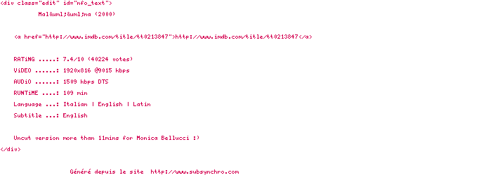 Nfo de la release Malena.2000.UNCUT.1080p.BluRay.x264-MELiTE