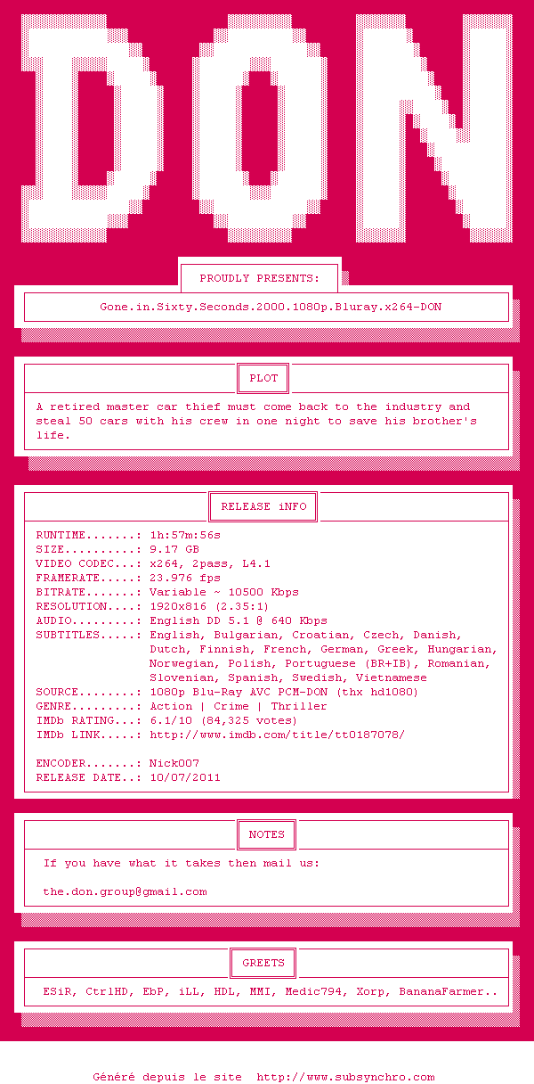 Nfo de la release Gone.in.Sixty.Seconds.2000.1080p.Bluray.x264-DON
