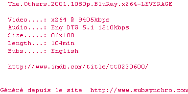 Nfo de la release The.Others.2001.1080p.BluRay.x264-LEVERAGE