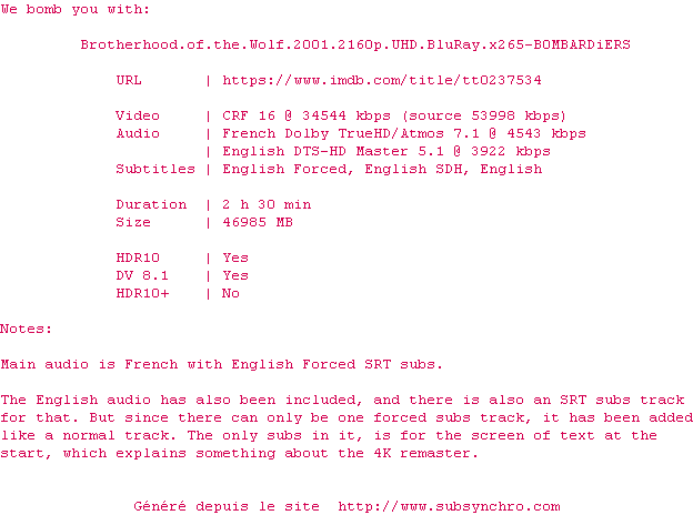 Nfo de la release Brotherhood.Of.The.Wolf.2001.2160p.UHD.BluRay.x265-B0MBARDiERS