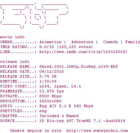 Nfo de la release Shrek.2001.1080p.BluRay.x264-EbP
