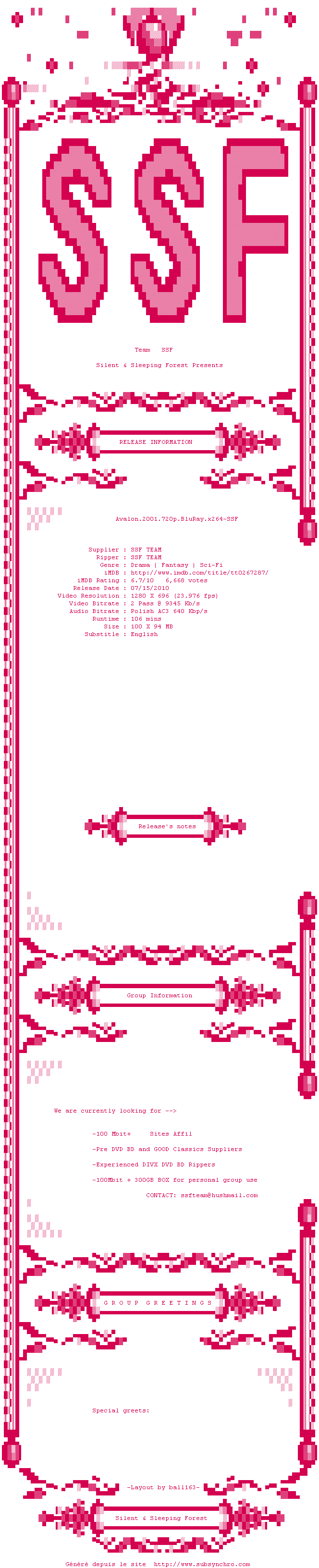 Nfo de la release Avalon.2001.720p.BluRay.x264-SSF