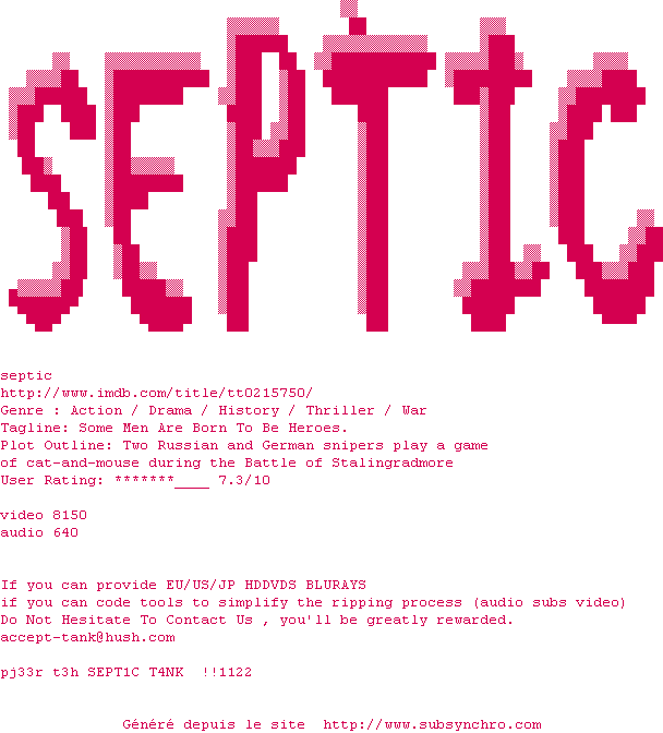 Nfo de la release Enemy.At.The.Gates.2001.720p.DVD9.HDDVD.x264-SEPTiC