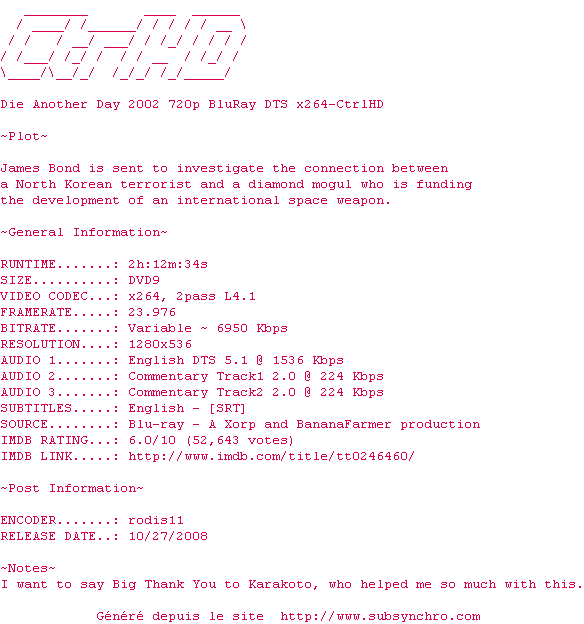 Nfo de la release Die.Another.Day.2002.720p.BluRay.DTS.x264-CtrlHD