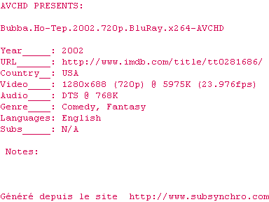 Nfo de la release Bubba.Ho-Tep.2002.720p.BluRay.x264-AVCHD